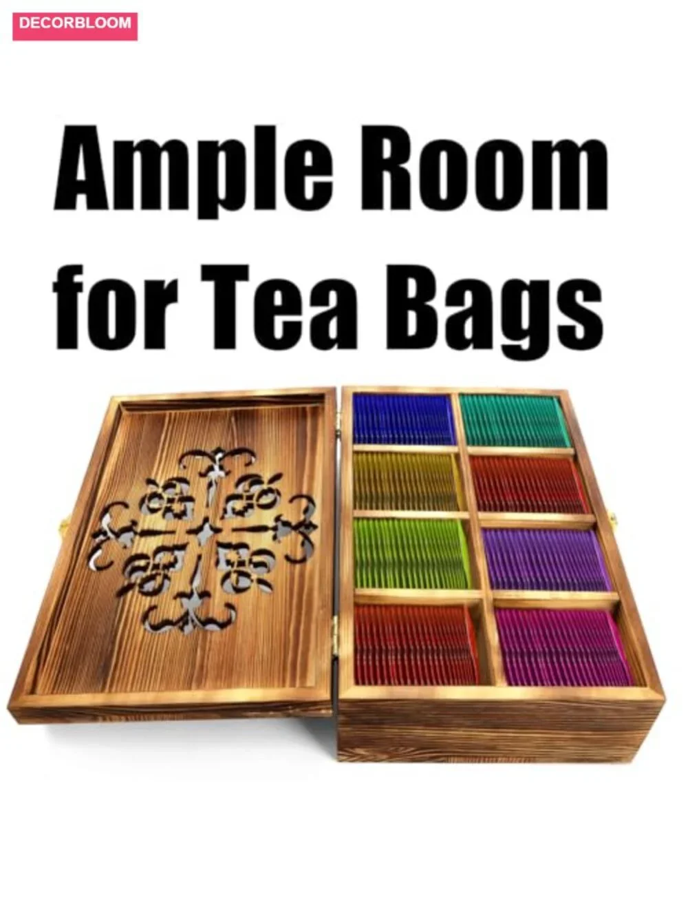 Wooden Tea Bag Storage Box with Carved Lid, 8-Compartment Organizer for Spice